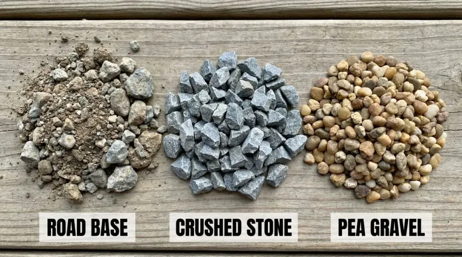 Comparison of different types of driveway gravel including road base, crushed stone, and pea gravel