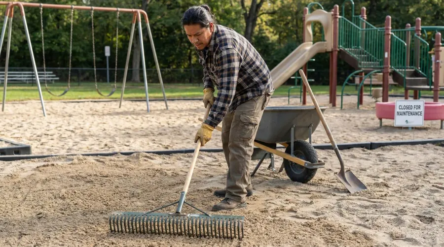 Sand playground maintenance raking and cleaning