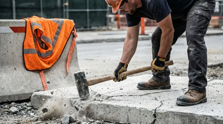 sledgehammer breaking concrete slab with safety gear visible