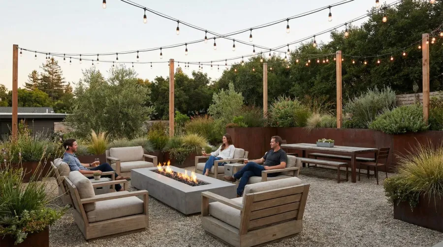 modern gravel patio with outdoor seating and string lights overhead