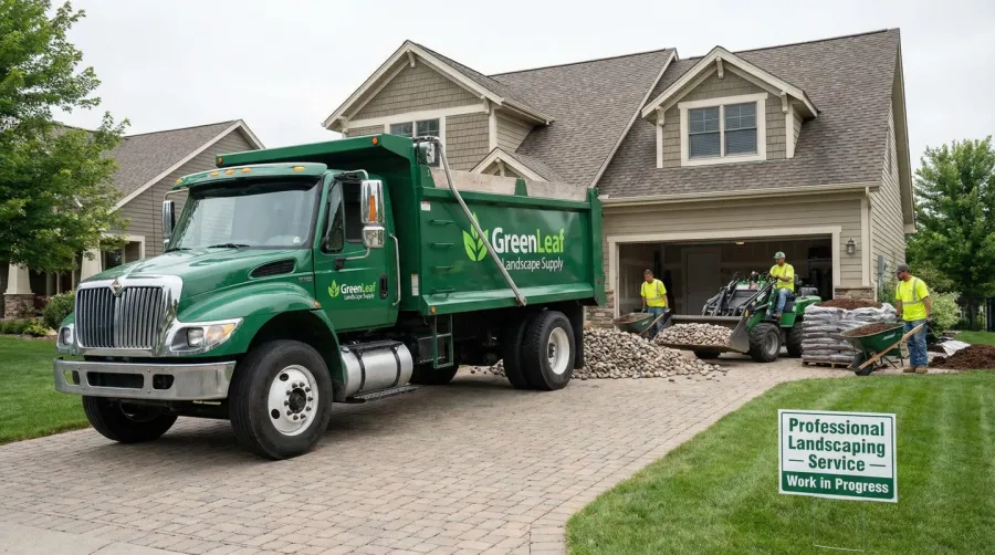Landscape rock delivery truck unloading materials in residential driveway