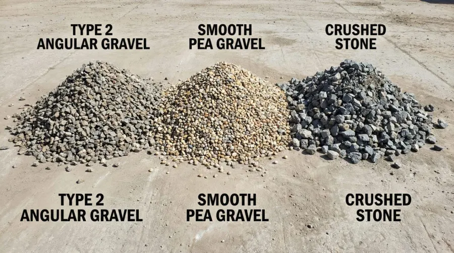 Comparison showing type 2 gravel versus pea gravel and crushed stone