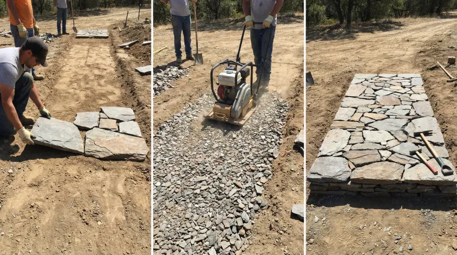 Shale walkway foundation construction process showing layered installation