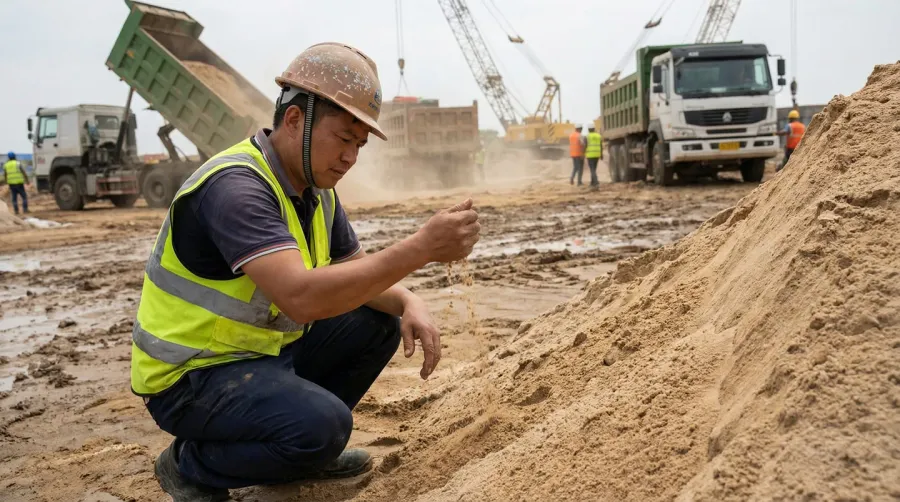 Construction worker checking sand quality at delivery site with trucks in background