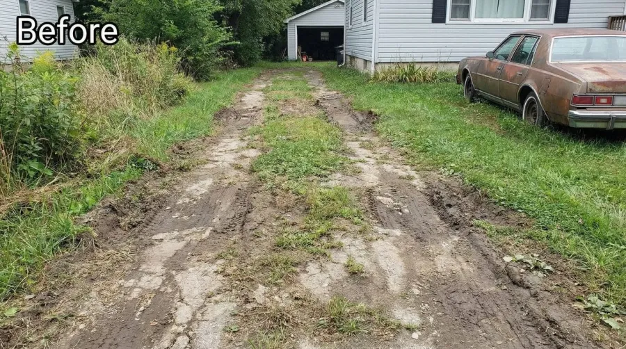 before and after photos showing coquina sand driveway installation