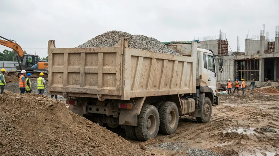 Dump truck loaded with gravel at construction site