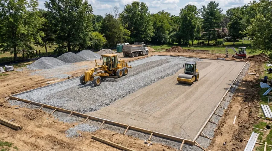 Basketball court construction showing crushed stone base layers being installed