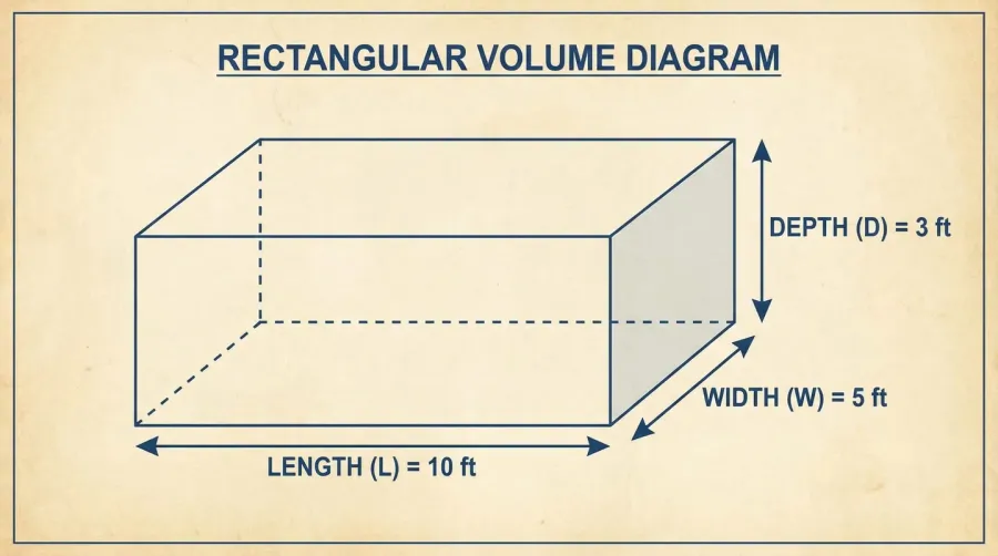 Diagram showing rectangular area with length, width, and depth measurements labeled