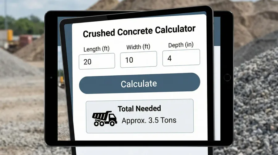 crushed concrete calculator interface showing measurement inputs and conversion results