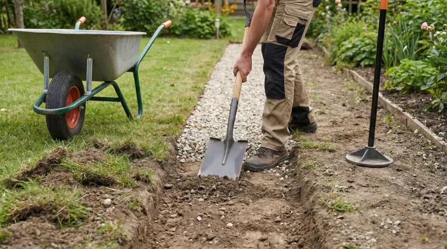Step by step gravel installation process showing tools and technique