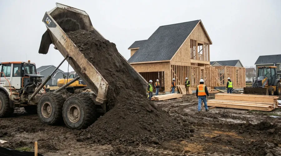 Fill Dirt Being Unloaded From Truck At Residential Site