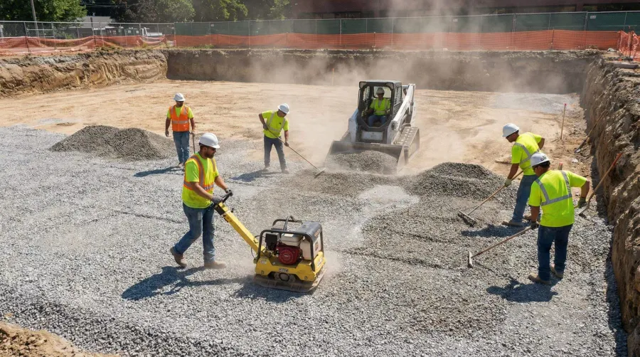 Gravel fill installation process with construction workers