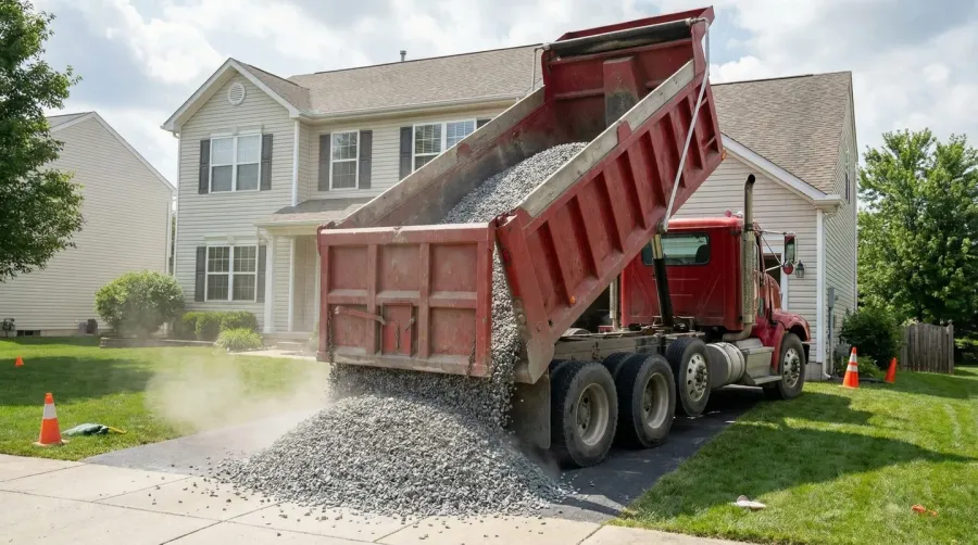 Bulk gravel delivery truck at residential driveway