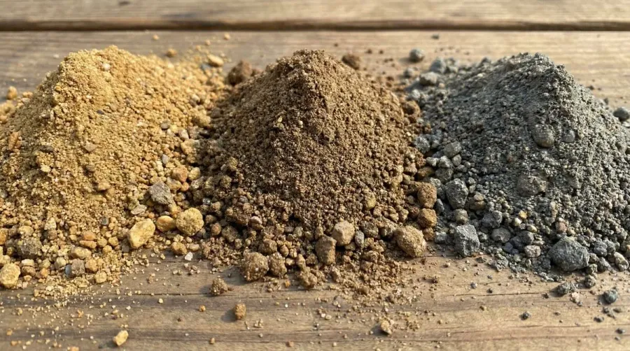 Different colors of decomposed granite samples in tan, brown and gray showing texture