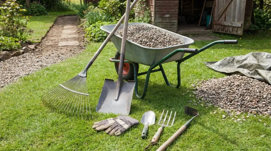 Various gravel removal tools laid out on grass