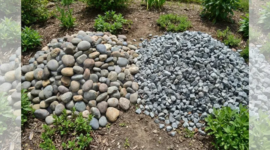 comparison of river rock and crushed stone materials side by side
