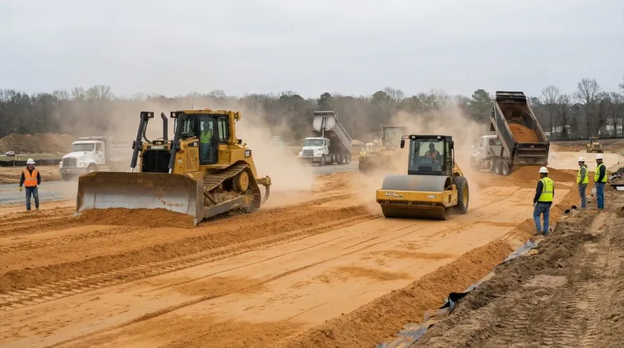 construction site with fill sand being spread and compacted by heavy machinery