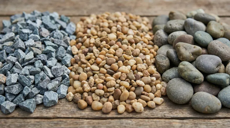 Close-up comparison of different gravel types - crushed stone, pea gravel, and river rock