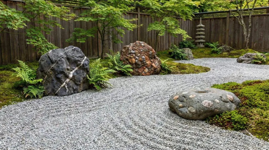 zen garden with raked gravel and stones showing different aggregate types