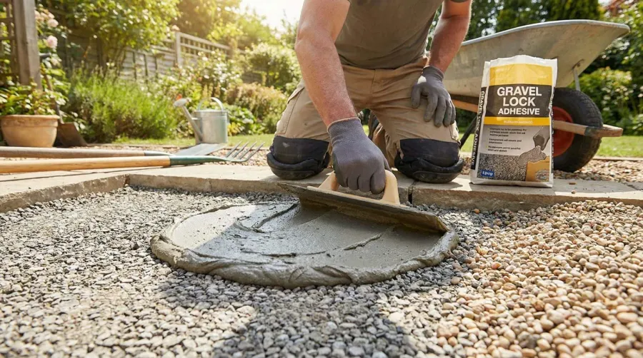 Hands applying gravel adhesive with proper technique