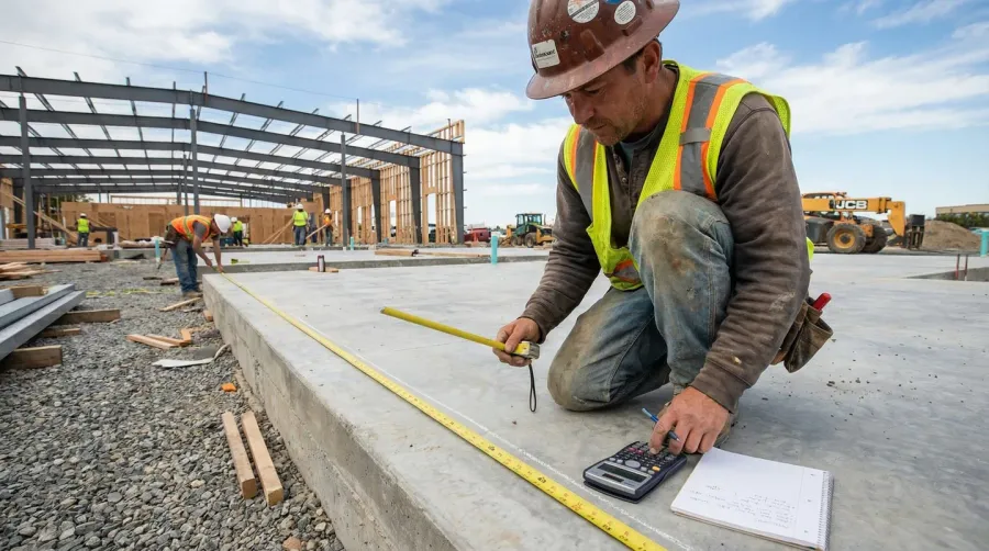 person measuring construction site with tape measure and calculator