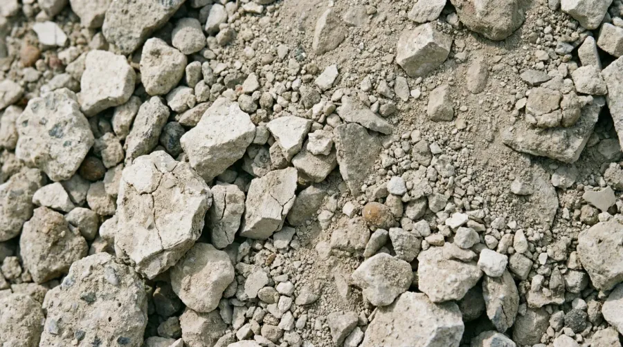 Close-up of crushed concrete showing angular light colored aggregate particles