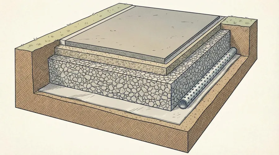 Cross-section diagram showing proper driveway installation with base layer and surface material