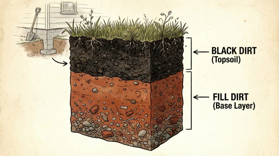 Cross-section diagram showing fill dirt base with black dirt top layer