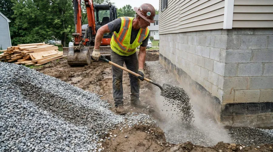construction worker using gravel for backfill around foundation