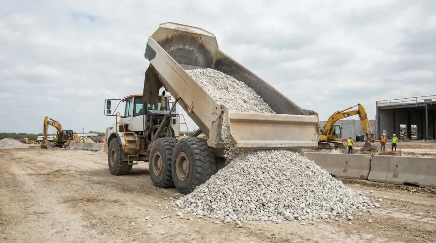 Bulk white rock delivery truck at construction site