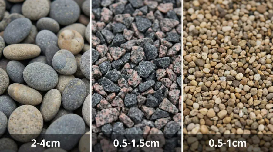 Close-up comparison of three gravel types showing texture and size differences
