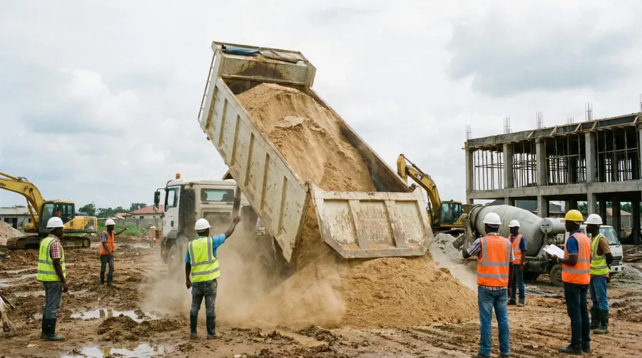 Delivery truck unloading sand at construction site with workers supervising