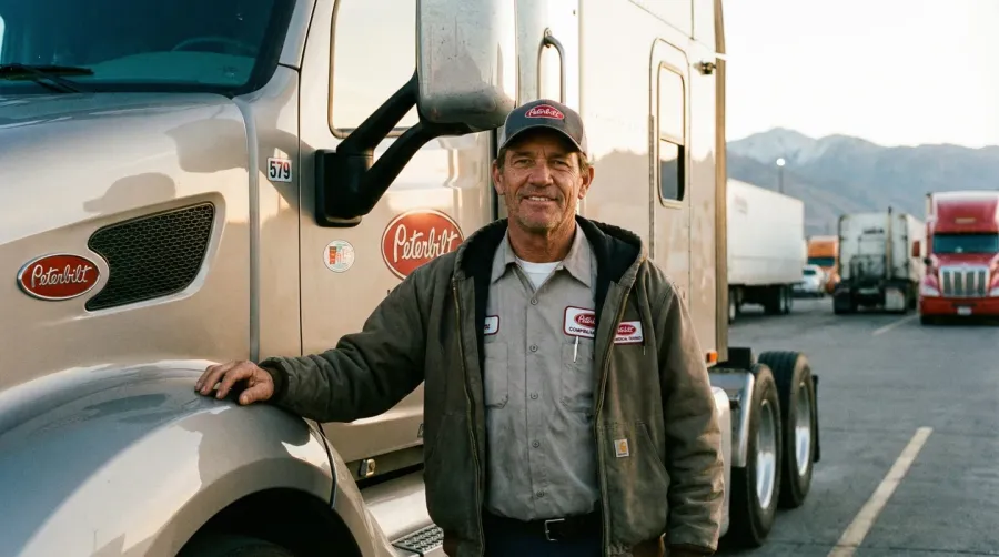 Professional truck driver in uniform standing confidently next to commercial vehicle