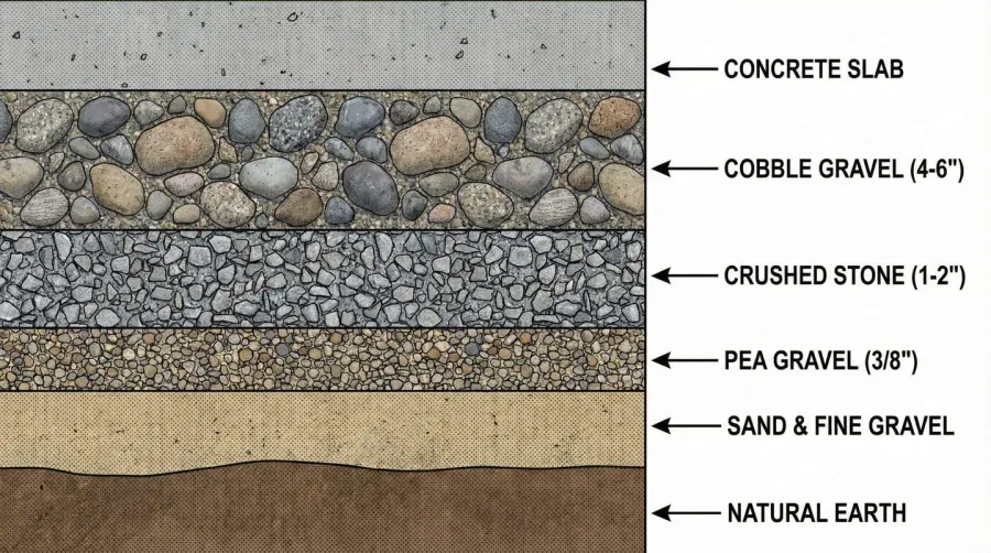 Gravel foundation layers diagram showing cross-section of foundation with different gravel sizes