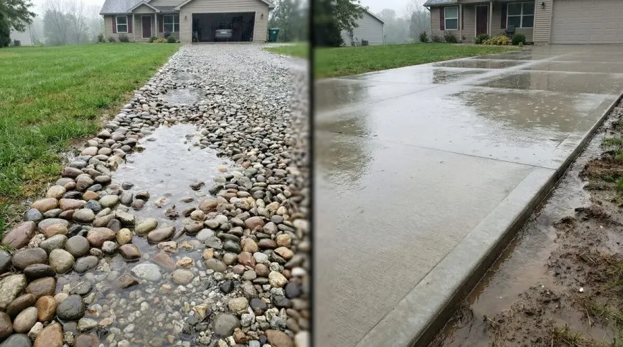 Comparison of river rock vs concrete driveway showing drainage differences