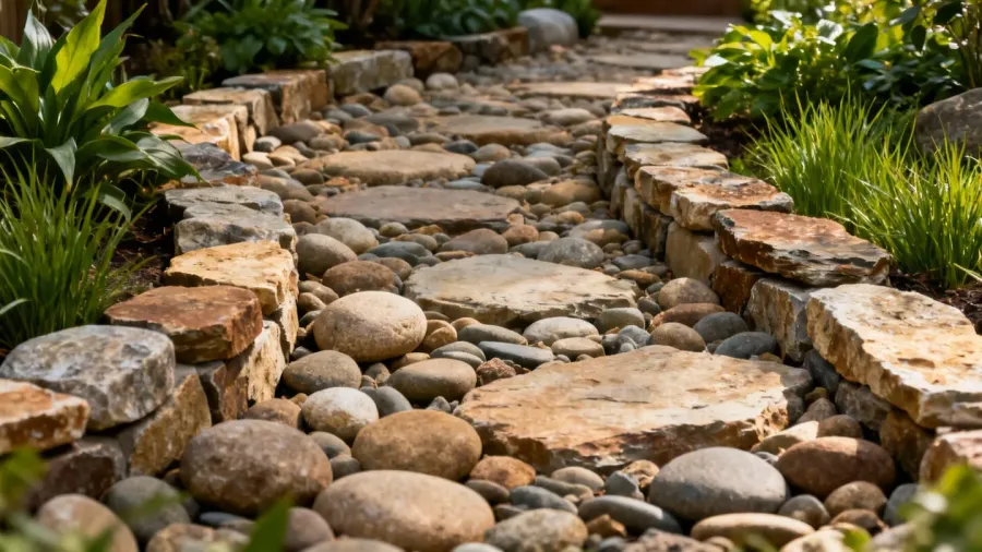 River rock landscaping project showing pathway and decorative borders