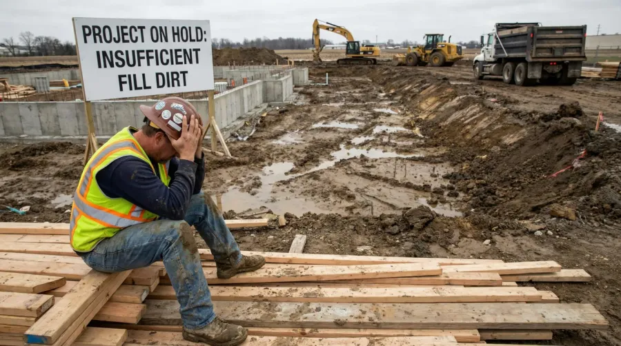 construction worker looking frustrated at incomplete project due to insufficient fill dirt