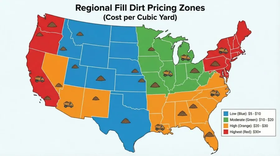 Map of the United States showing regional fill dirt pricing zones with color-coded cost ranges