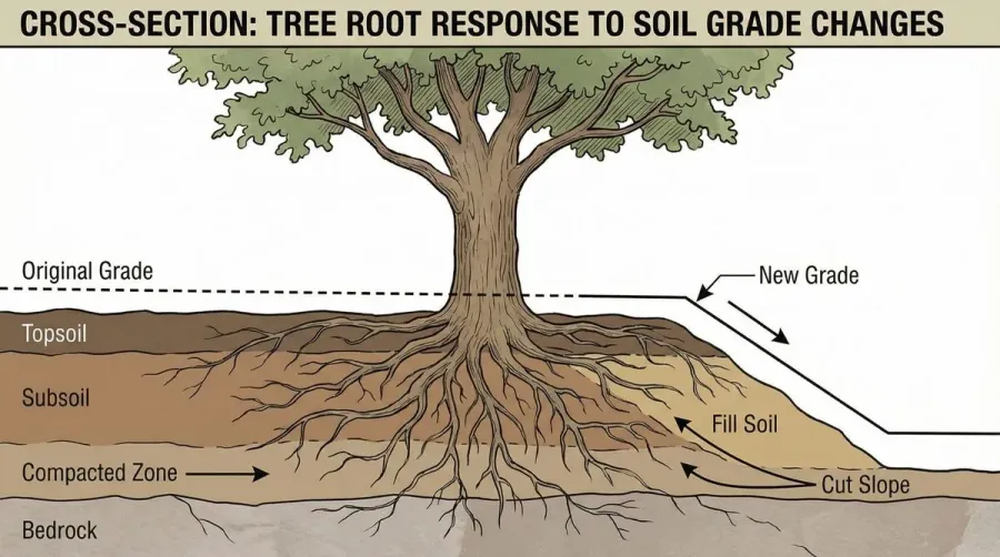 cross-section diagram showing tree root system spread and depth in relation to soil grade changes