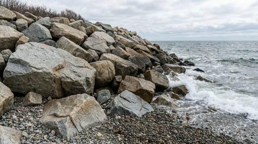 Rip rap stones of various sizes protecting a shoreline