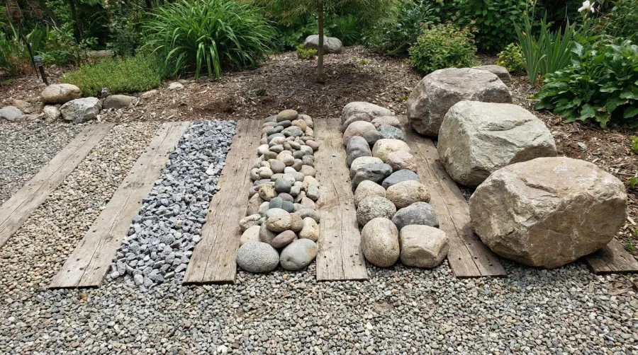Various sizes of driveway rocks arranged from small to large showing size comparison