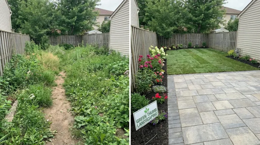 Before and after landscape transformation showing professional installation