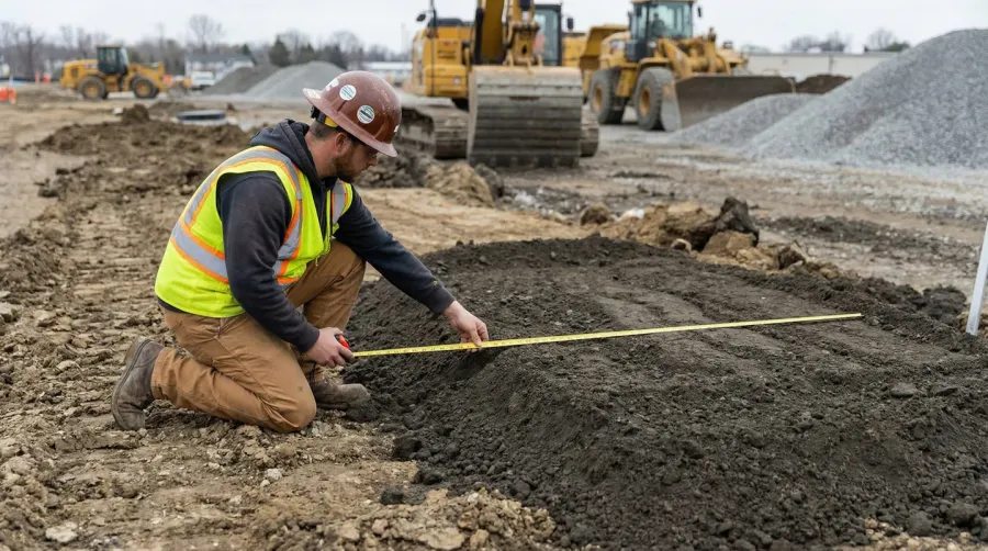 Construction worker measuring fill dirt area with tape measure