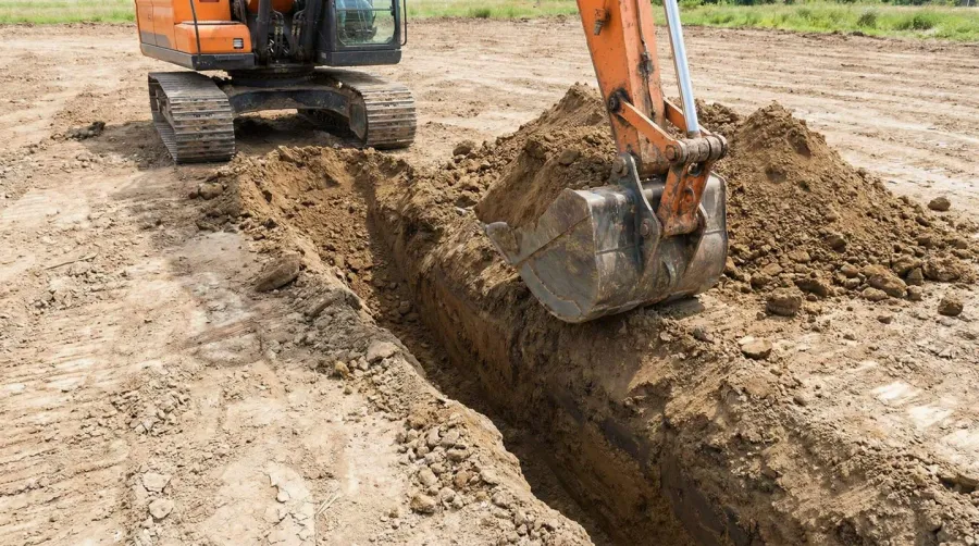Step-by-step photos showing excavation, fabric installation, gravel placement, and compaction process