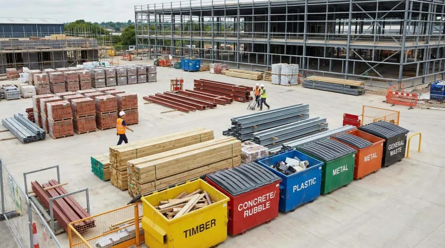 Construction site showing organized material storage and waste separation bins for different material types