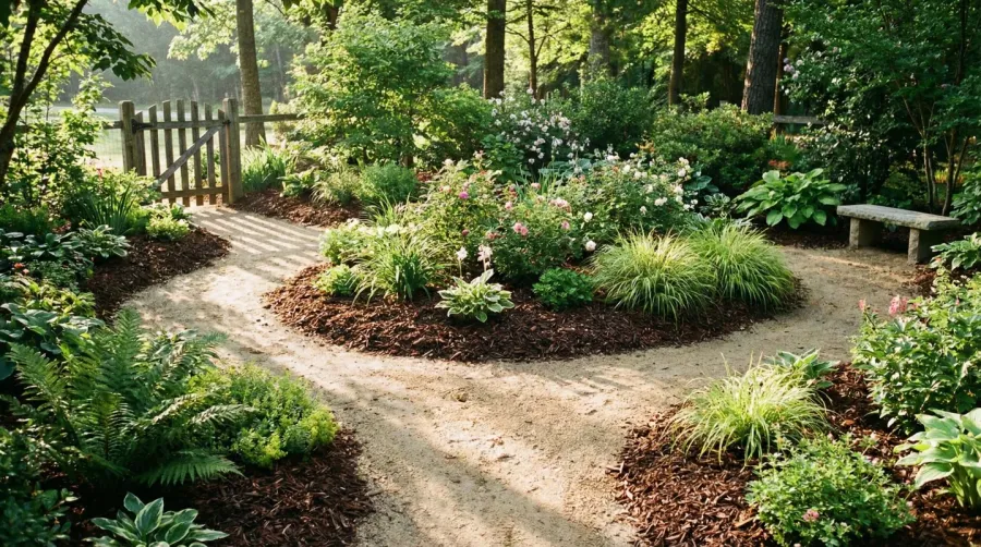 Beautiful garden with sand pathways and mulched flower beds showing healthy plants