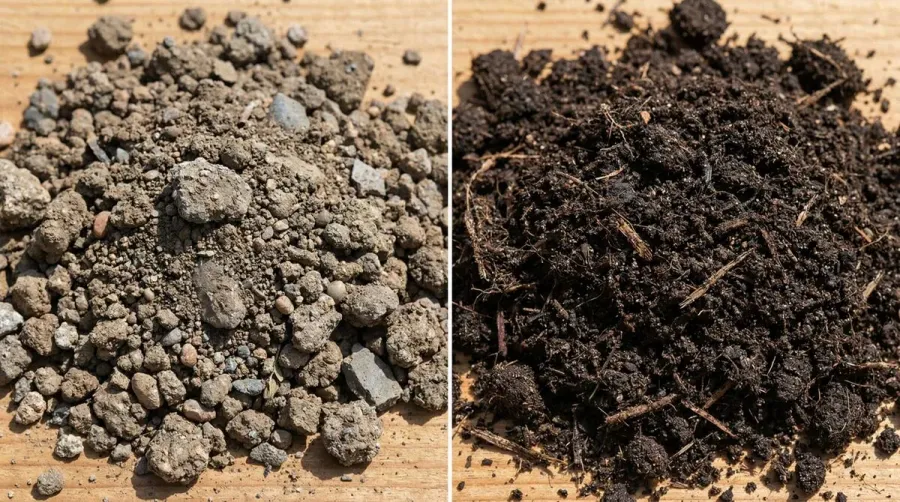 Close up comparison of fill dirt versus topsoil texture
