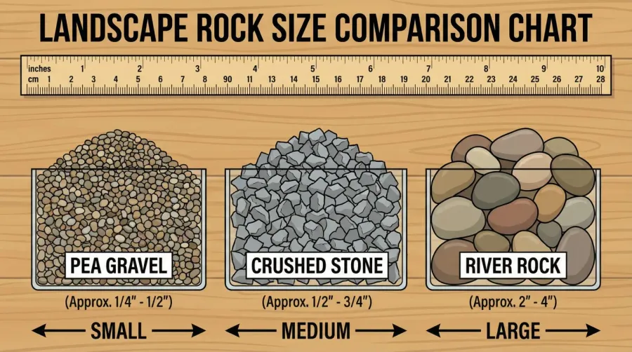 Landscape rock size comparison chart showing different gravel sizes