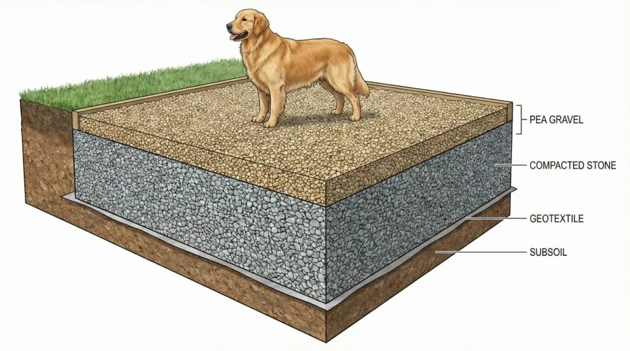Cross-section view of dog run base layers gravel installation diagram