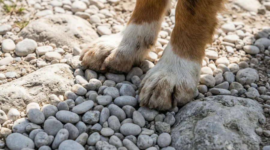 Close-up of dog paws walking comfortably on dolomite gravel